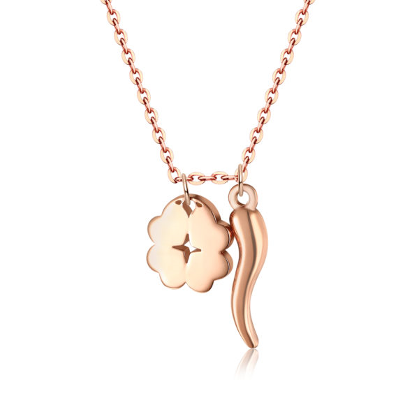 COLLANA CORNO E QUADRIFOGLIO ROSE