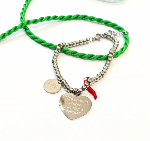 BRACCIALE CON CUORE LISCIO,FRASE E CORNO