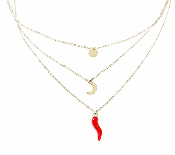 COLLANA TRE FILI LUNA CORNO E SFERA